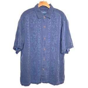 Tommy Bahama Silk Hawaiian Shirt XL Mens Blue Embedded Embroidered Button